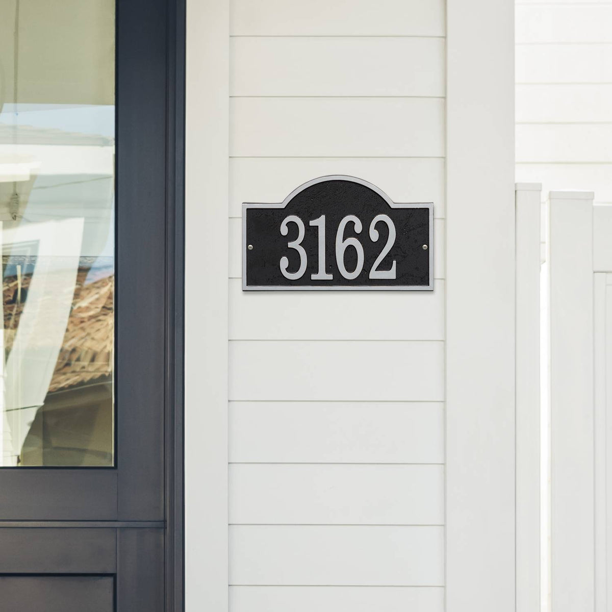 Whitehall Custom Address Plaque - Black/Silver Arched Rectangle