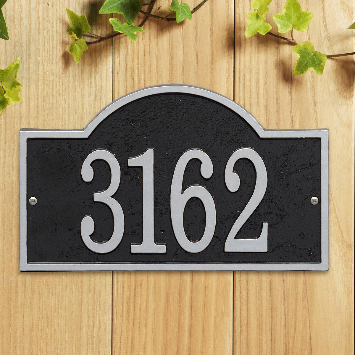 Whitehall Custom Address Plaque - Black/Silver Arched Rectangle