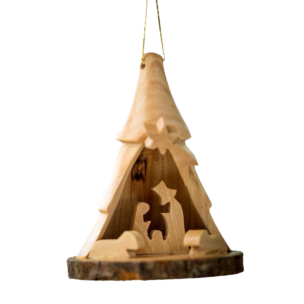 3D Tree with Nativity Olive Wood Bark Ornament