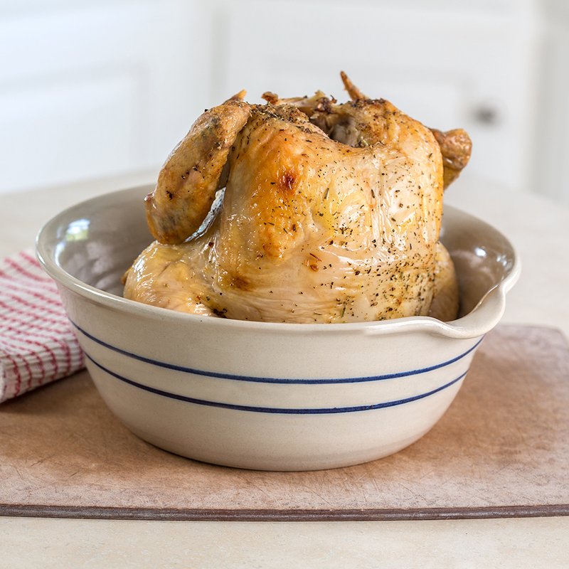 Heritage Blue Stripe Stoneware Chicken Cooker