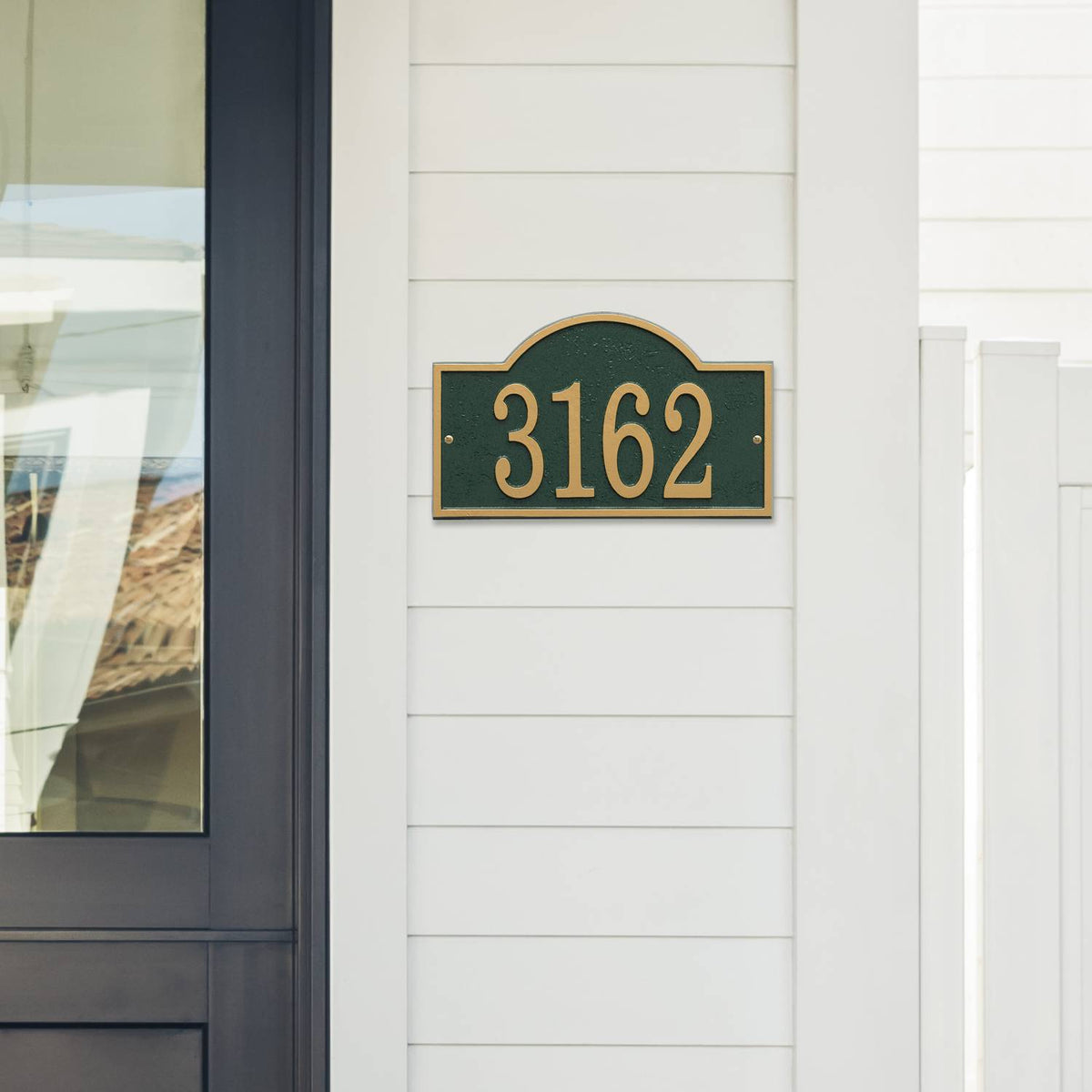 Whitehall Custom Address Plaque - Green/Gold Arched Rectangle