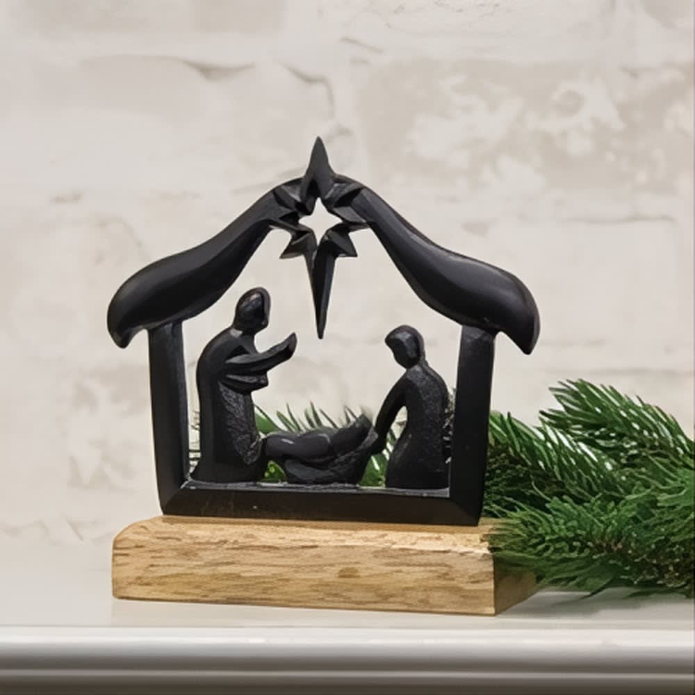 Cast Iron Nativity on Wooden Base - 6"
