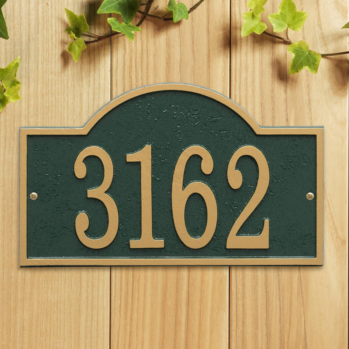 Whitehall Custom Address Plaque - Green/Gold Arched Rectangle