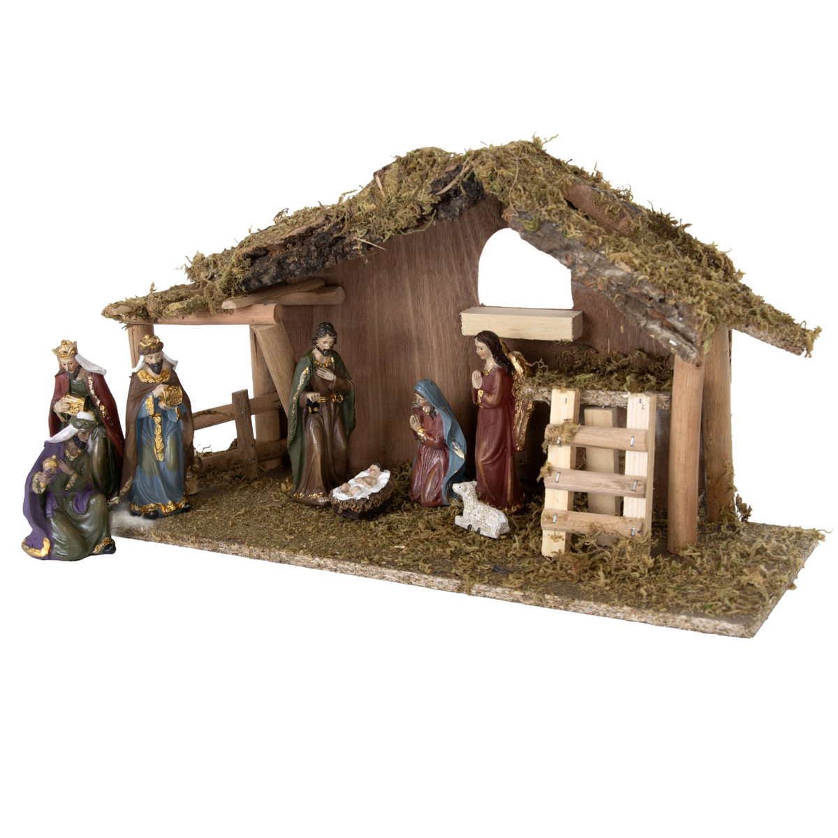 Tabletop Nativity with Moss-Covered Stable - Set of 9
