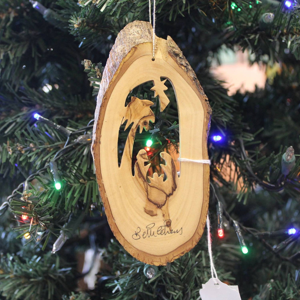 Olive Wood Ornament - Bark Slice Nativity with Palm