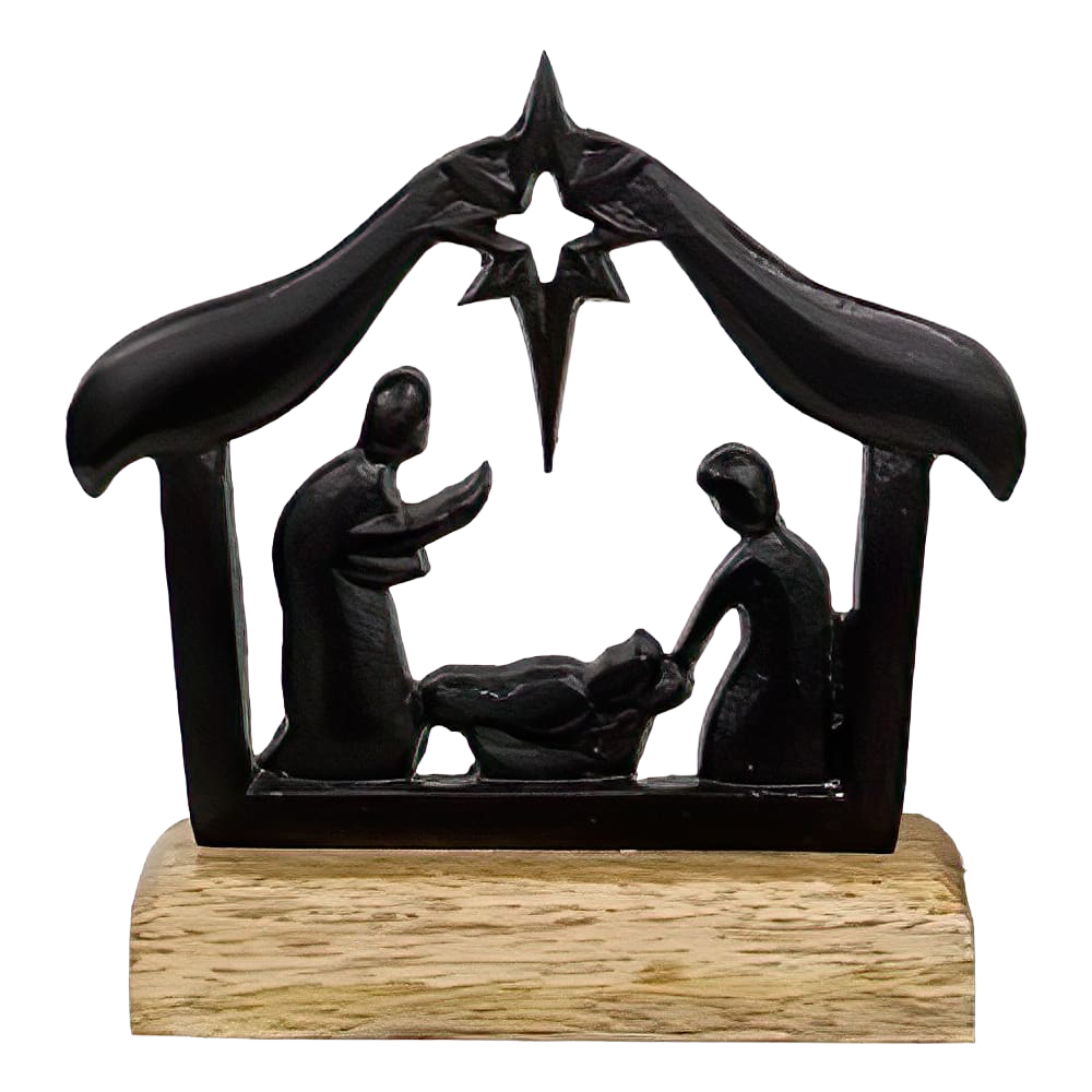 Cast Iron Nativity on Wooden Base - 6"