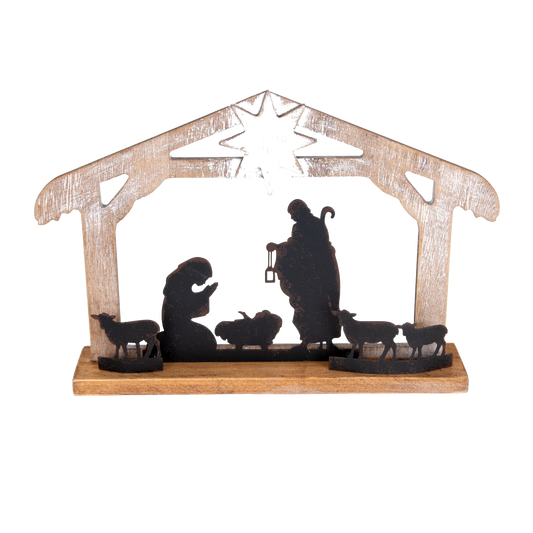 Wooden Nativity Scene with Metal Silhouettes - 11.75"