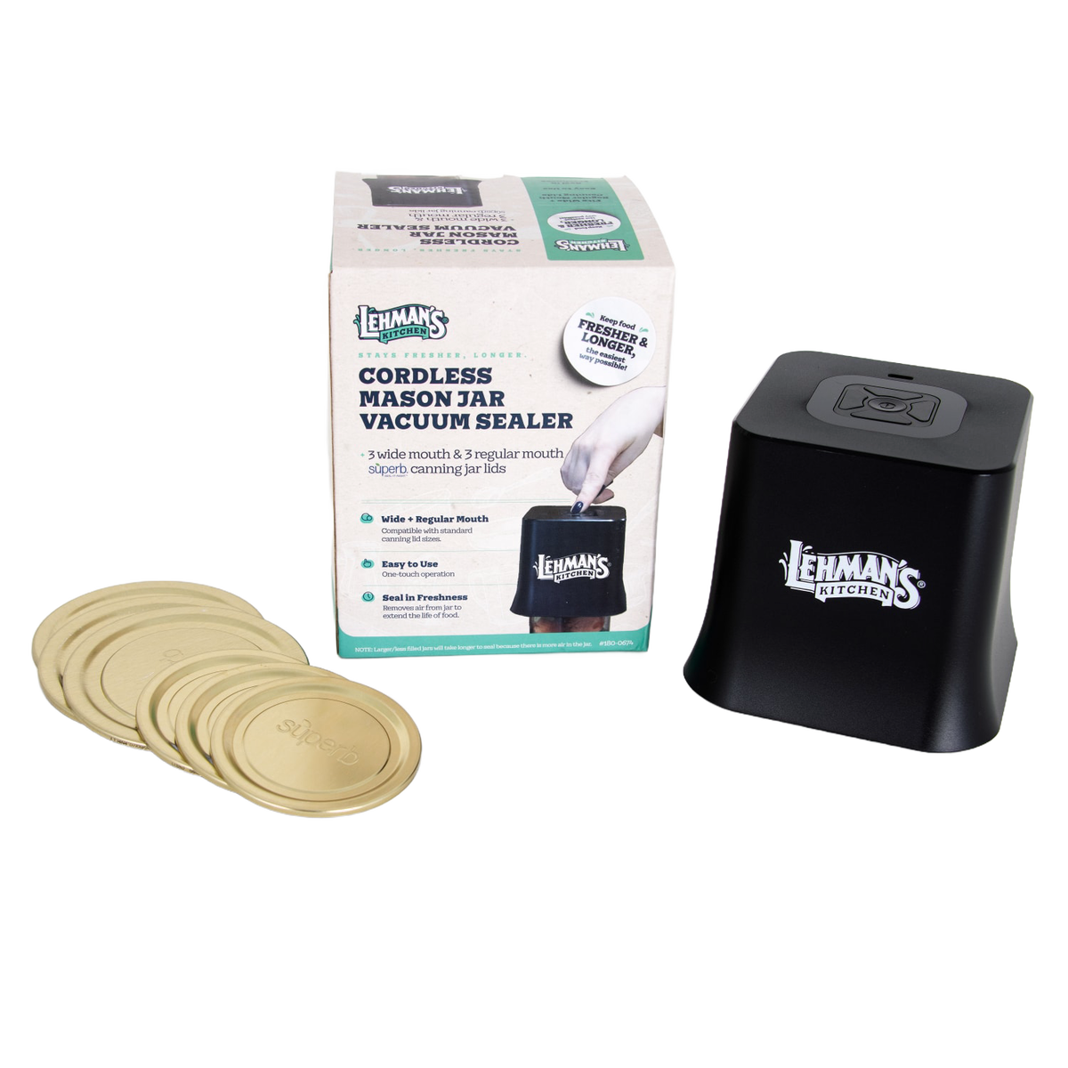 Lehman's Cordless Mason Jar Vacuum Sealer with Lids