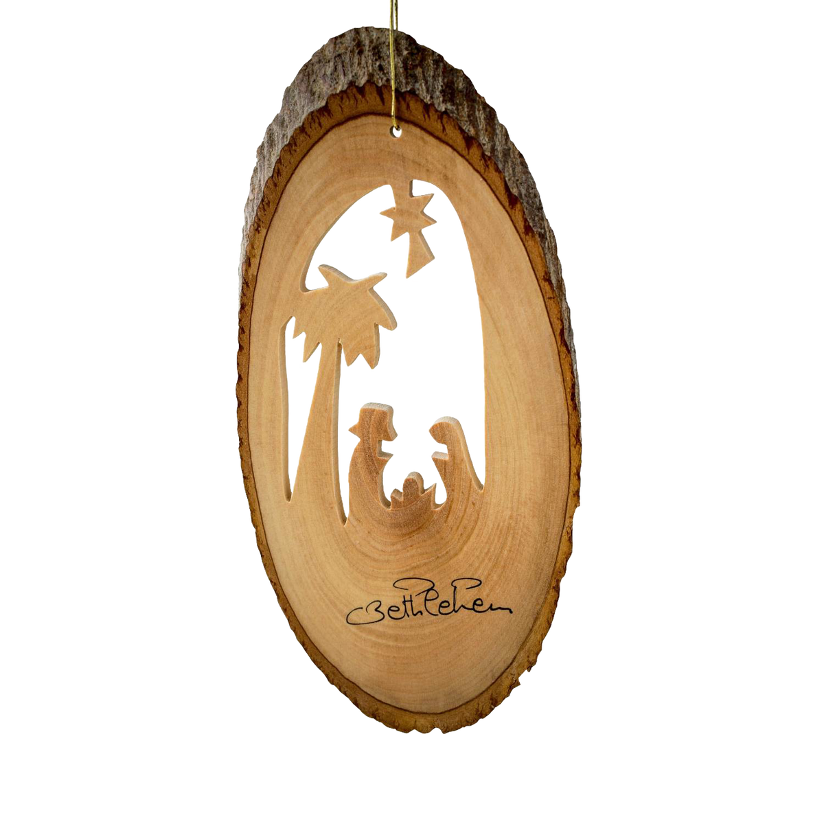 Olive Wood Ornament - Bark Slice Nativity with Palm
