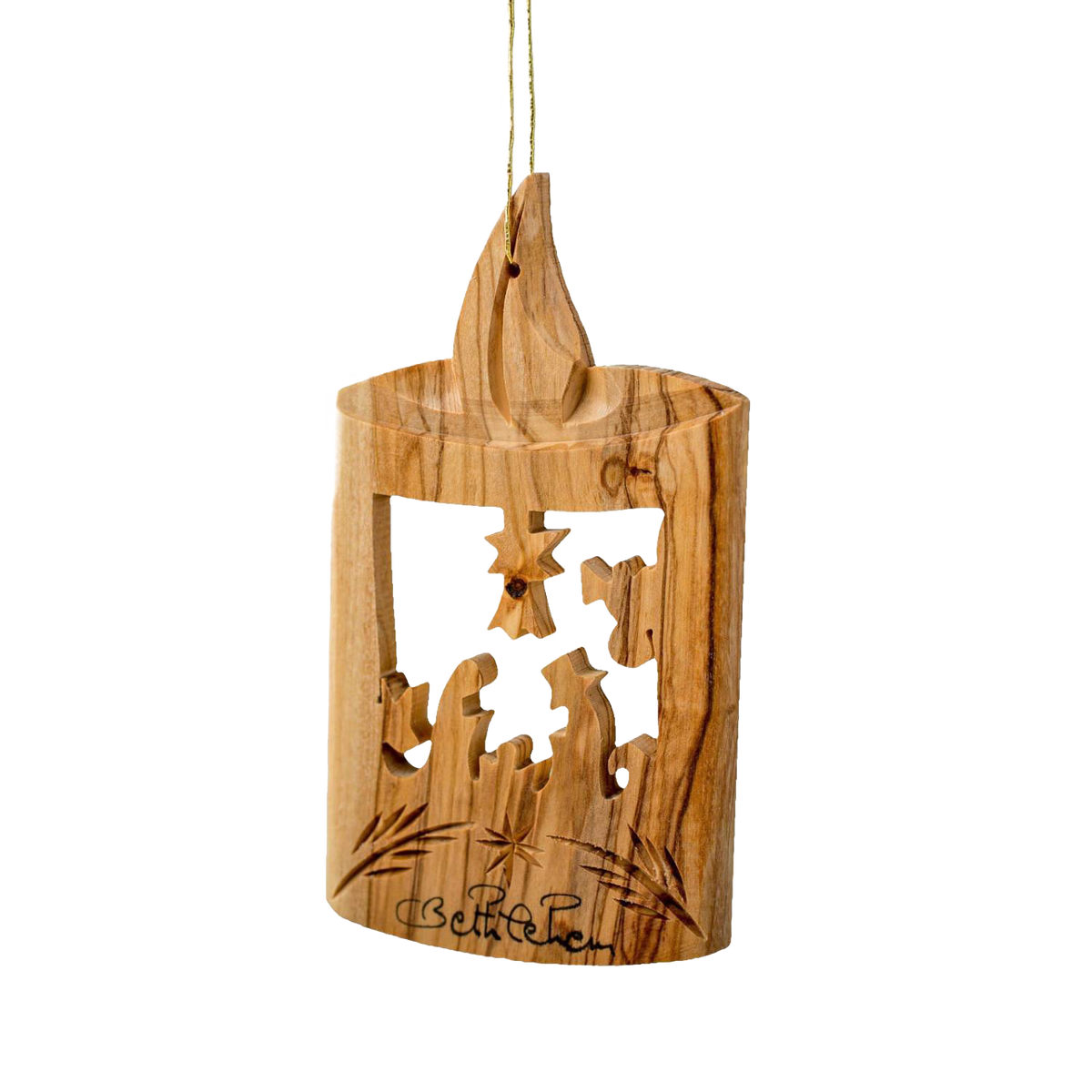 Olive Wood Ornament - Candle with Nativity