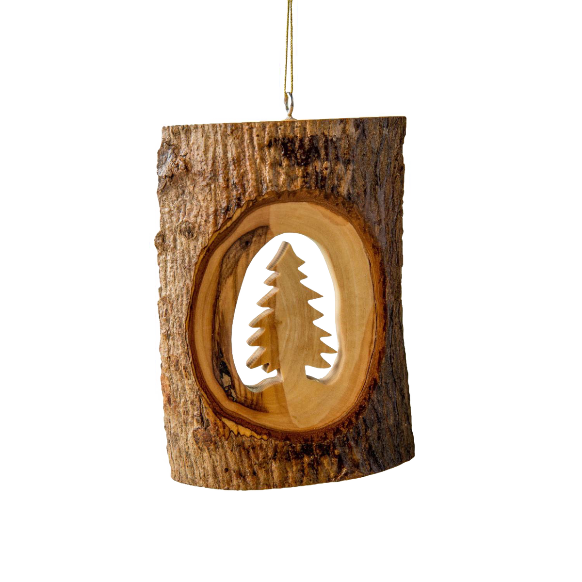 Olive Wood Ornament - Bark with Christmas Tree