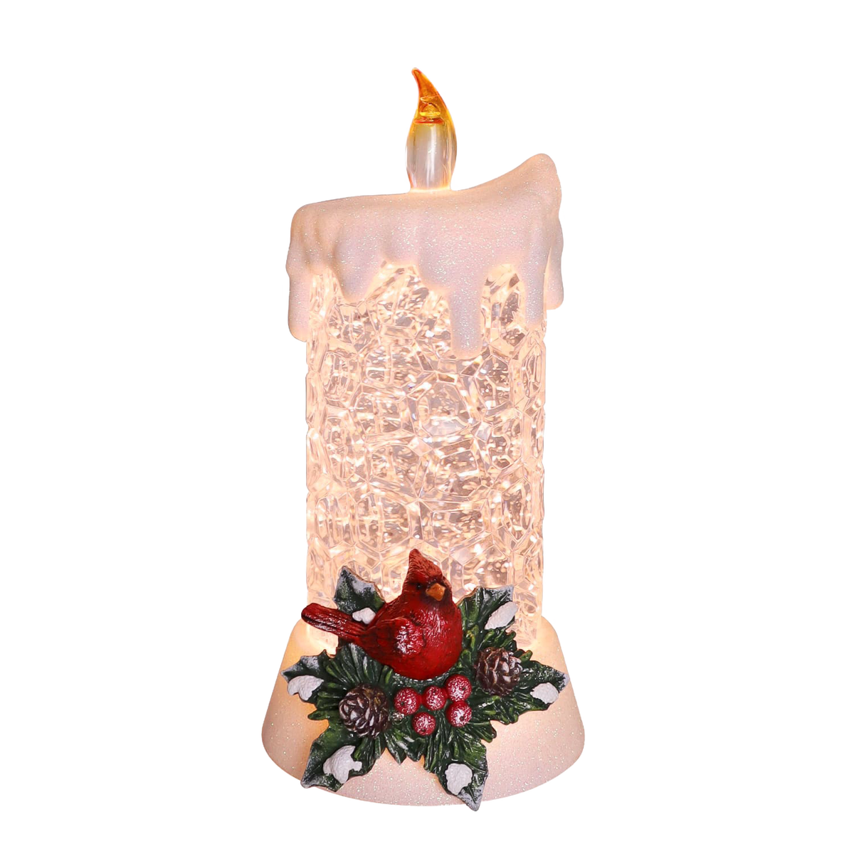 Lighted Holly Glitter Candle with Cardinal - 8.6"