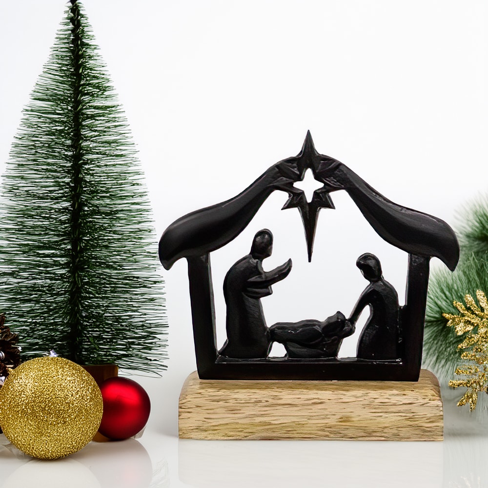 Cast Iron Nativity on Wooden Base - 6"
