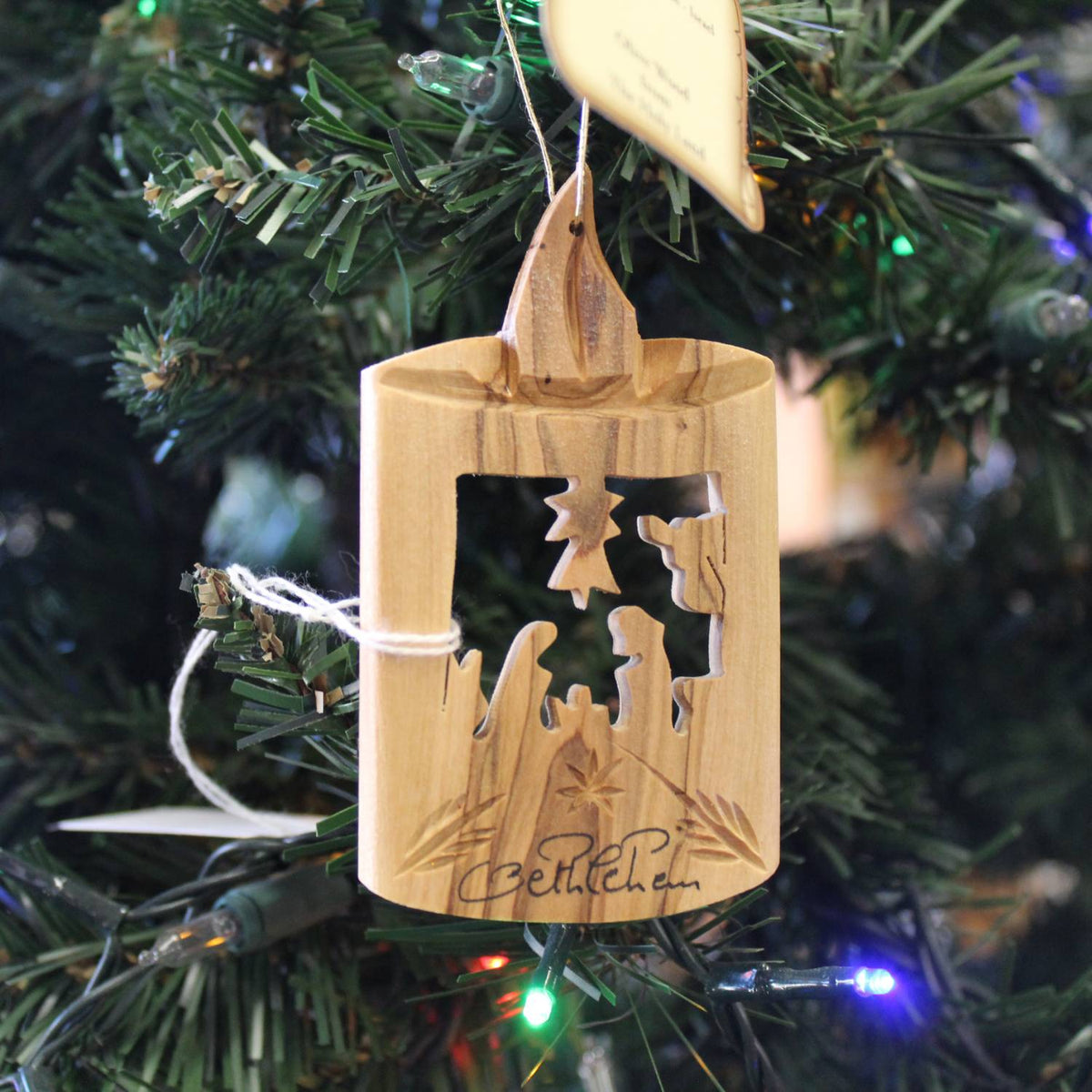 Olive Wood Ornament - Candle with Nativity