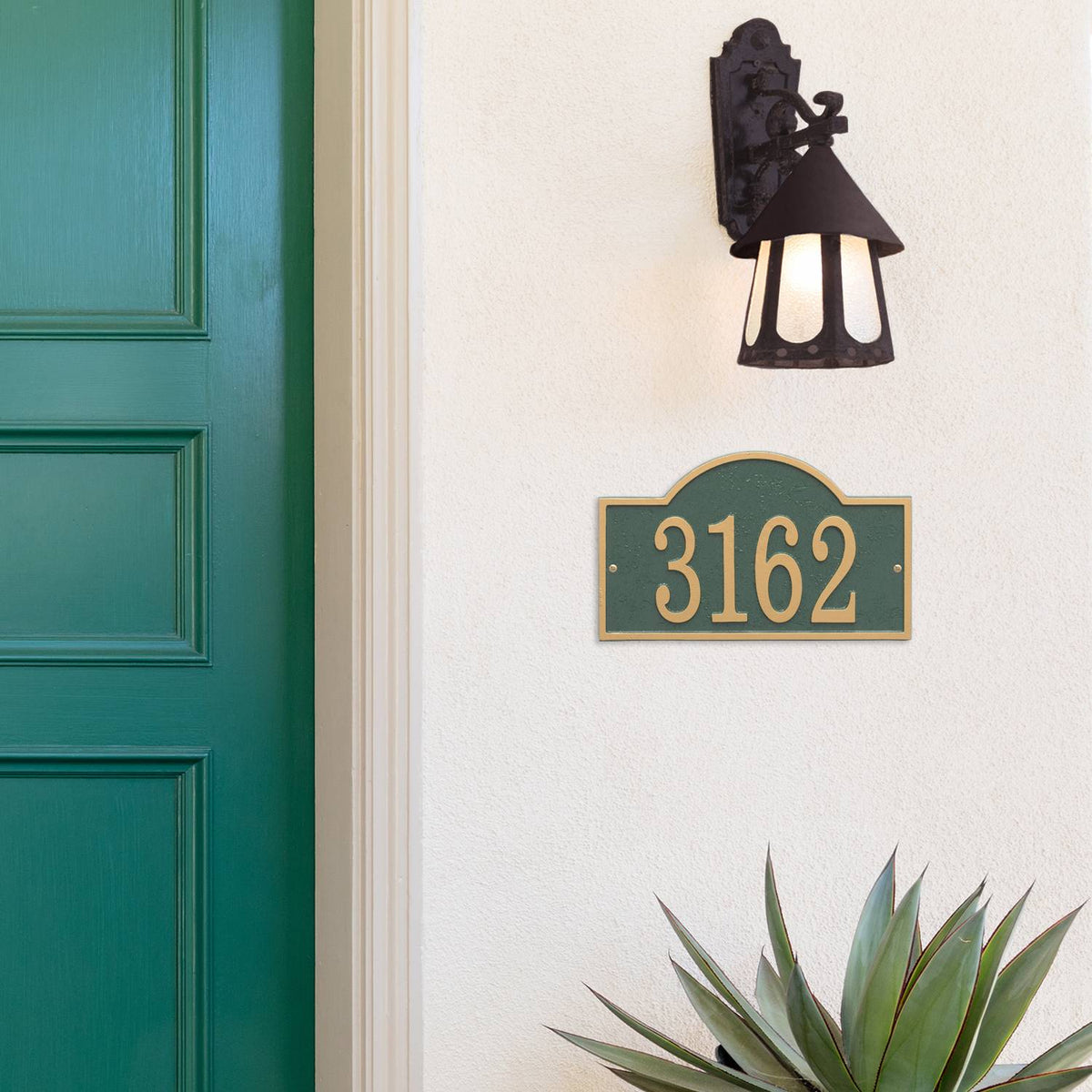 Whitehall Custom Address Plaque - Green/Gold Arched Rectangle