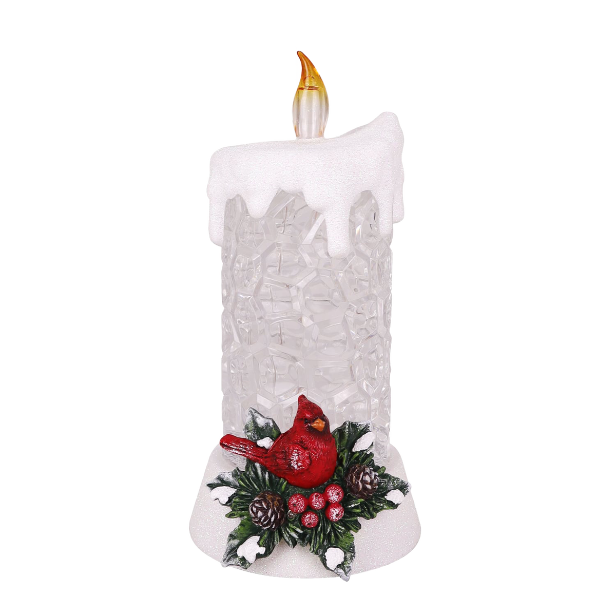 Lighted Holly Glitter Candle with Cardinal - 8.6"